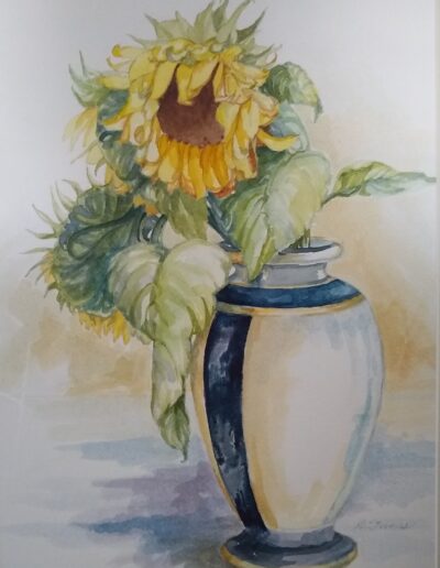 Sunflowers in Blue Striped Vase